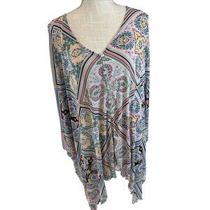Cha-Cha Vente Multicolor Geometric Print Tunic Poncho Style Top M